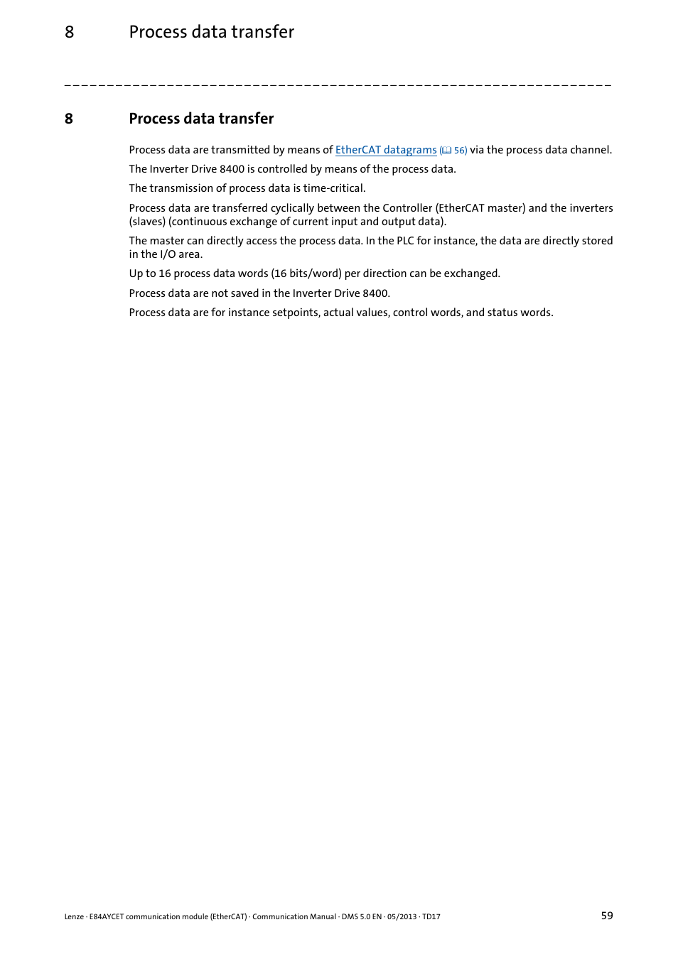 8 process data transfer, Process data transfer, 8process data transfer | Lenze E84AYCET EtherCAT MCI module User Manual | Page 59 / 109