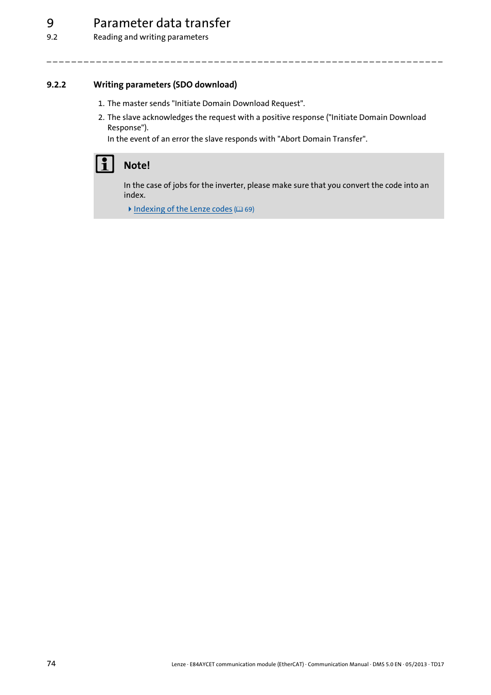 2 writing parameters (sdo download), Writing parameters (sdo download), 9parameter data transfer | Lenze E84AYCET EtherCAT MCI module User Manual | Page 74 / 109