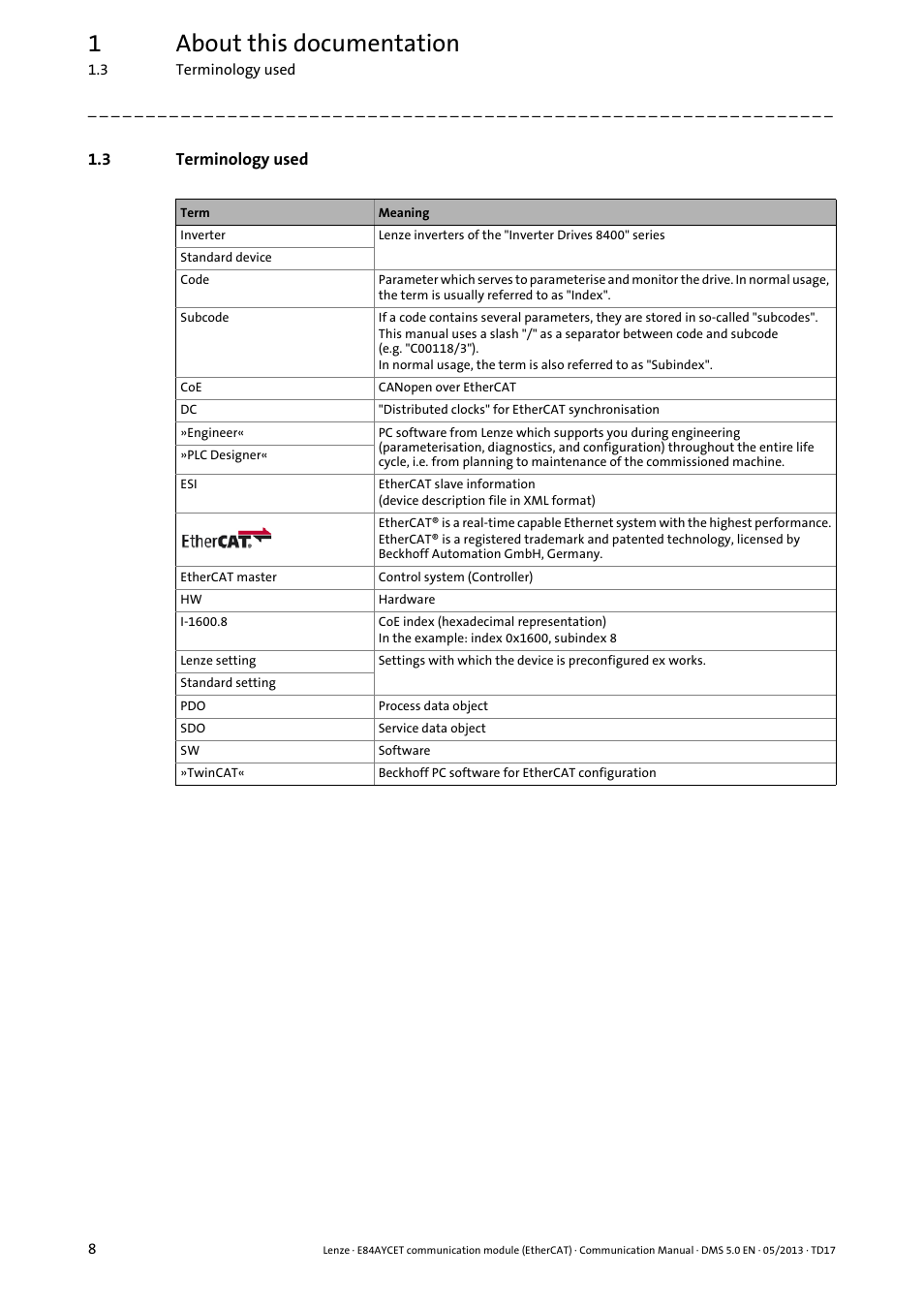 3 terminology used, Terminology used, 1about this documentation | Lenze E84AYCET EtherCAT MCI module User Manual | Page 8 / 109