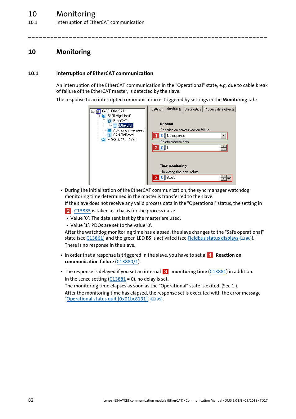 10 monitoring, 1 interruption of ethercat communication, Monitoring | Lenze E84AYCET EtherCAT MCI module User Manual | Page 82 / 109