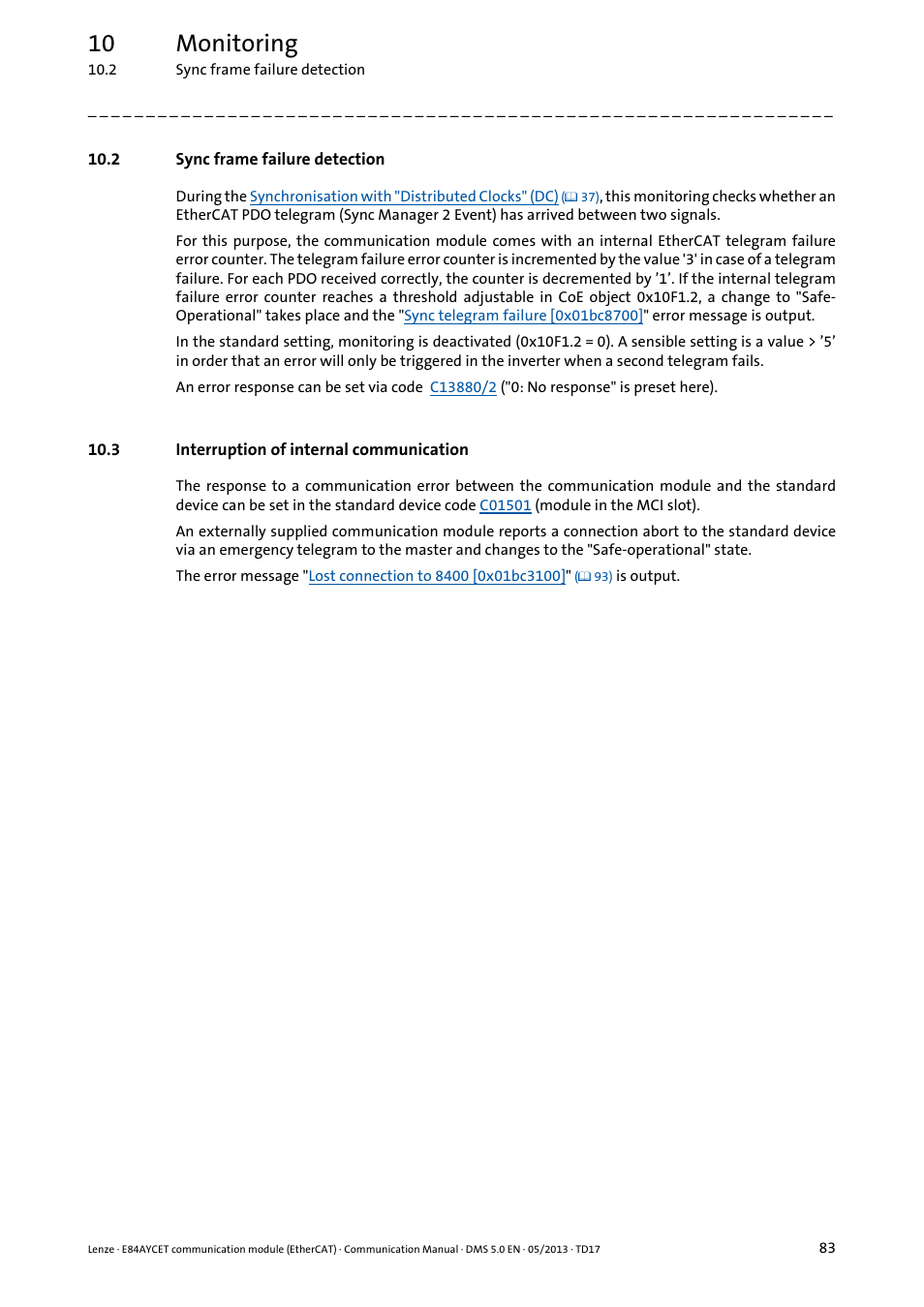 2 sync frame failure detection, 3 interruption of internal communication, 10 monitoring | Lenze E84AYCET EtherCAT MCI module User Manual | Page 83 / 109