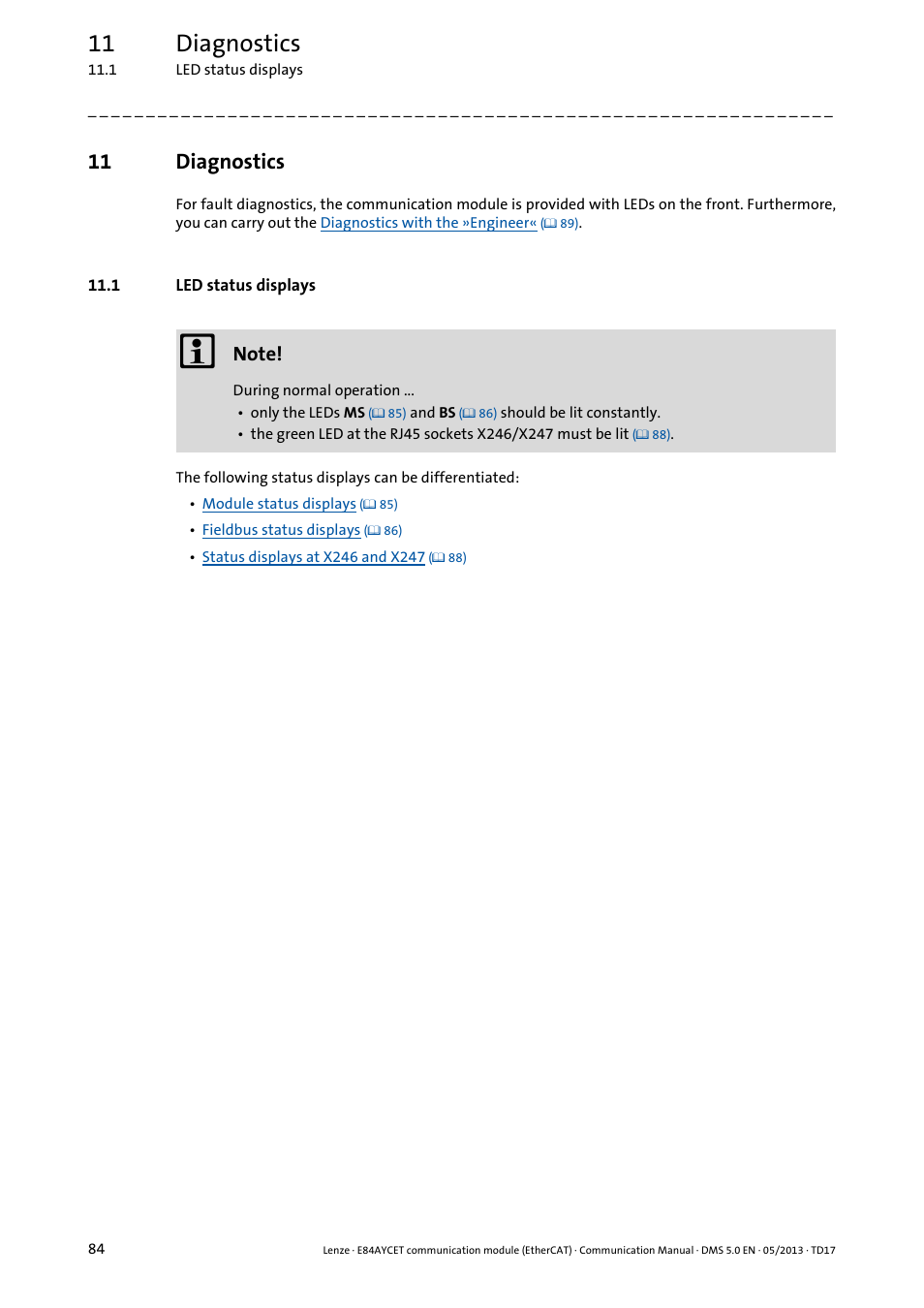 11 diagnostics, 1 led status displays, Diagnostics | Lenze E84AYCET EtherCAT MCI module User Manual | Page 84 / 109