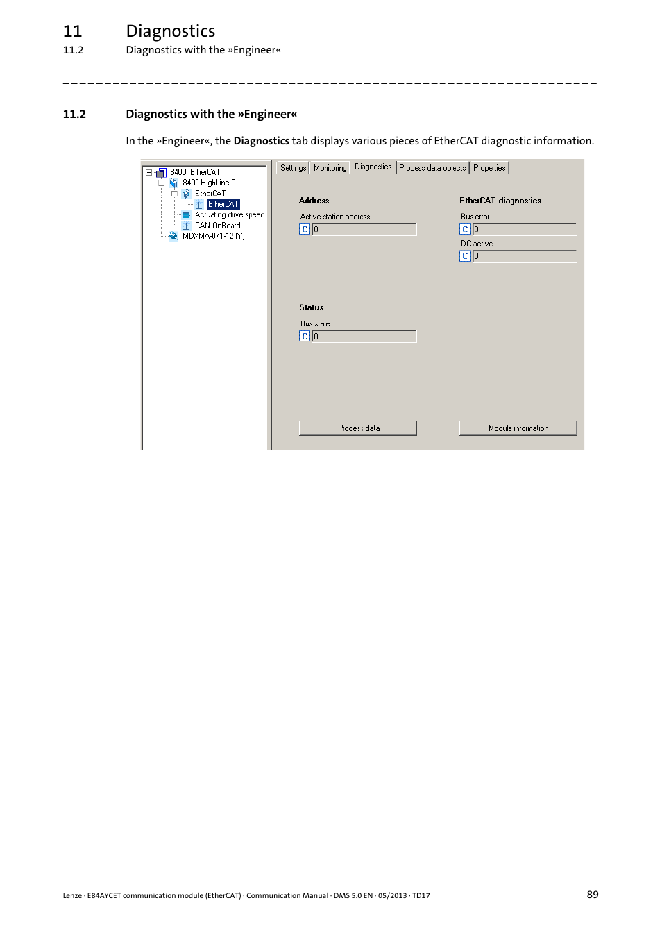 2 diagnostics with the »engineer, Diagnostics with the »engineer, 11 diagnostics | Lenze E84AYCET EtherCAT MCI module User Manual | Page 89 / 109