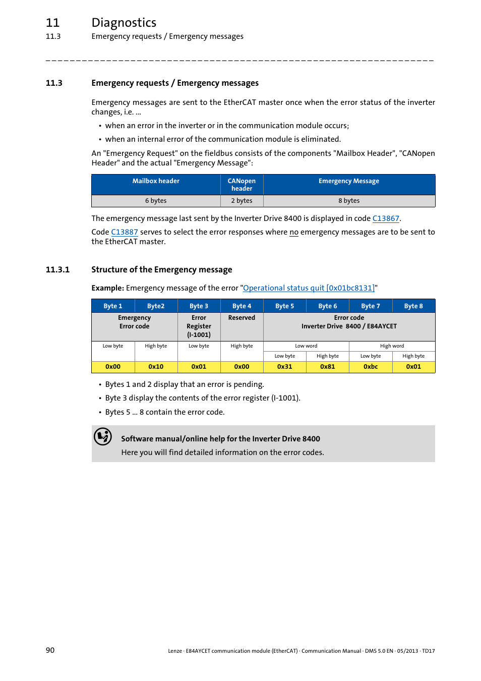 3 emergency requests / emergency messages, 1 structure of the emergency message, 11 diagnostics | Lenze E84AYCET EtherCAT MCI module User Manual | Page 90 / 109