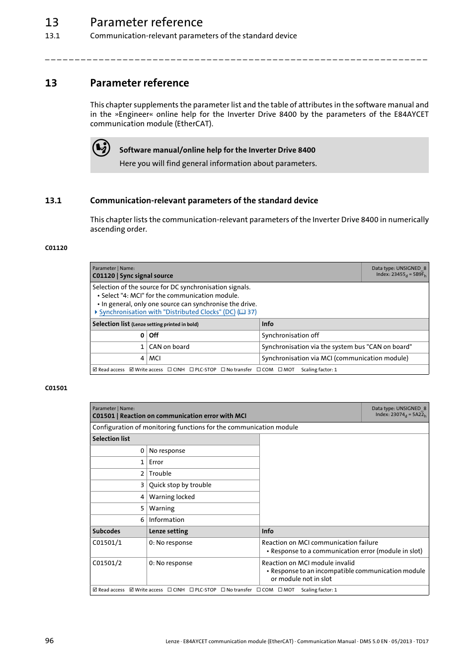 13 parameter reference, C01120 | sync signal source, C01501 | reaction on communication error with mci | Parameter reference, C01120, C01501 | Lenze E84AYCET EtherCAT MCI module User Manual | Page 96 / 109