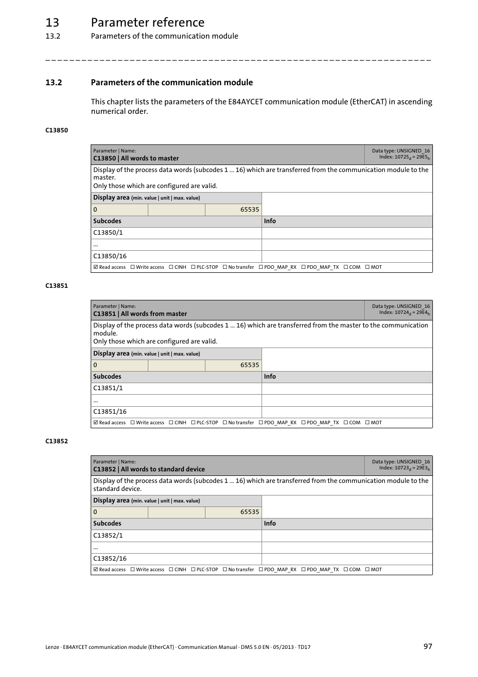 2 parameters of the communication module, C13850 | all words to master, C13851 | all words from master | C13852 | all words to standard device, Parameters of the communication module, C13850, C13851, C13852, 13 parameter reference | Lenze E84AYCET EtherCAT MCI module User Manual | Page 97 / 109