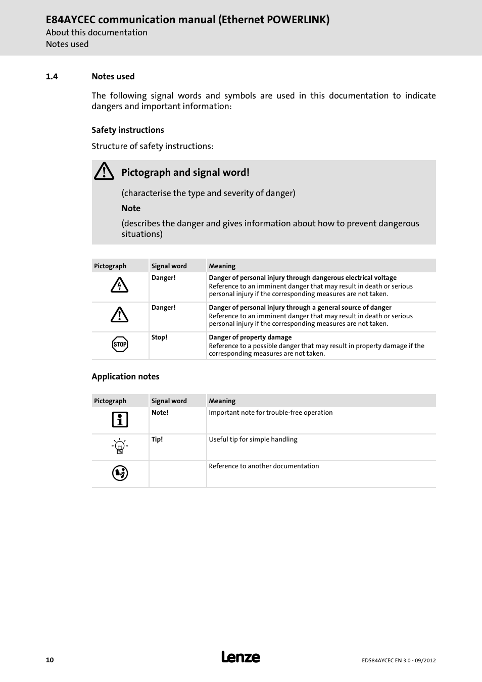 4 notes used, Notes used, E84aycec communication manual (ethernet powerlink) | Lenze E84AYCEC User Manual | Page 10 / 89