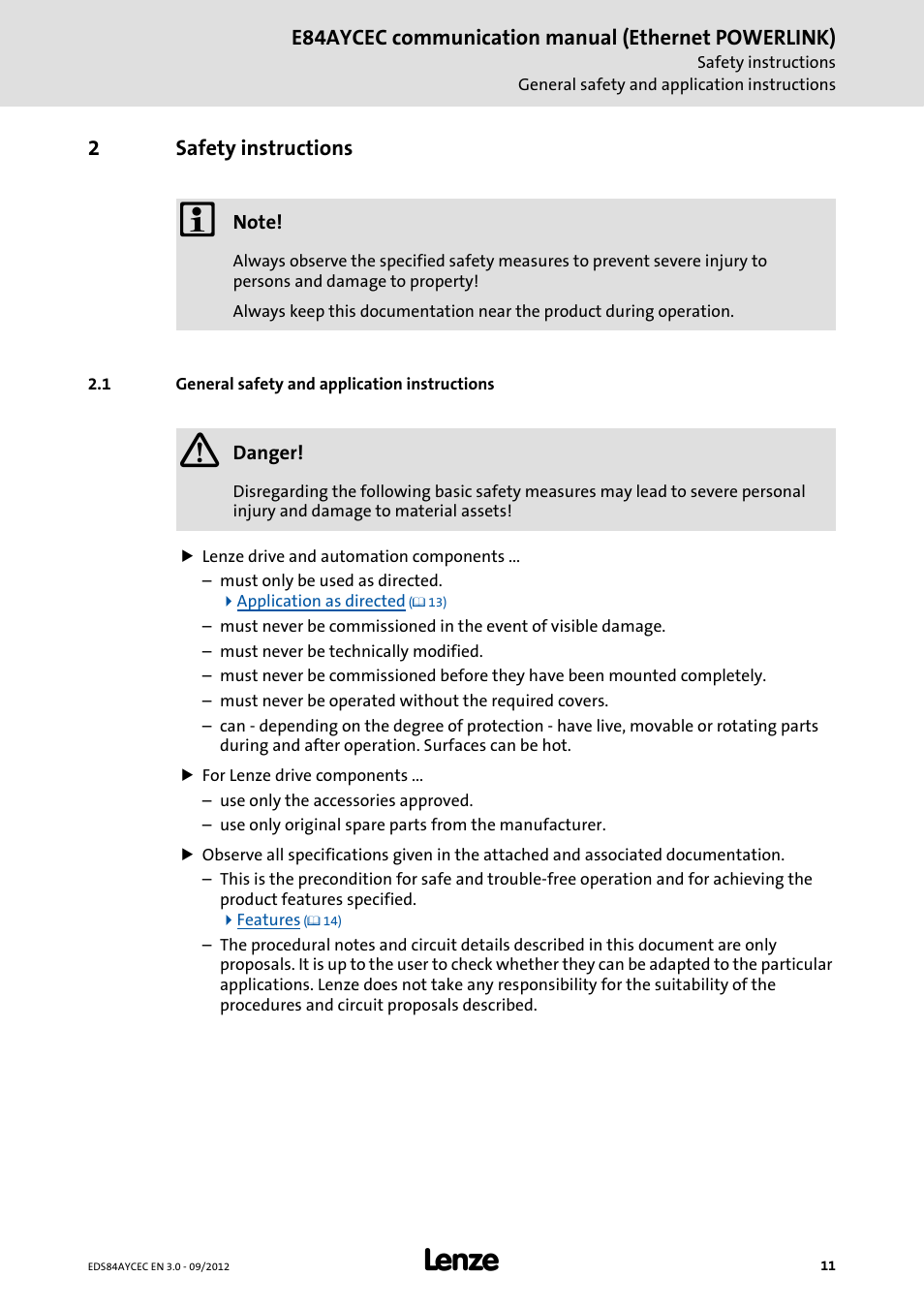 2 safety instructions, 1 general safety and application instructions, Safety instructions | General safety and application instructions | Lenze E84AYCEC User Manual | Page 11 / 89