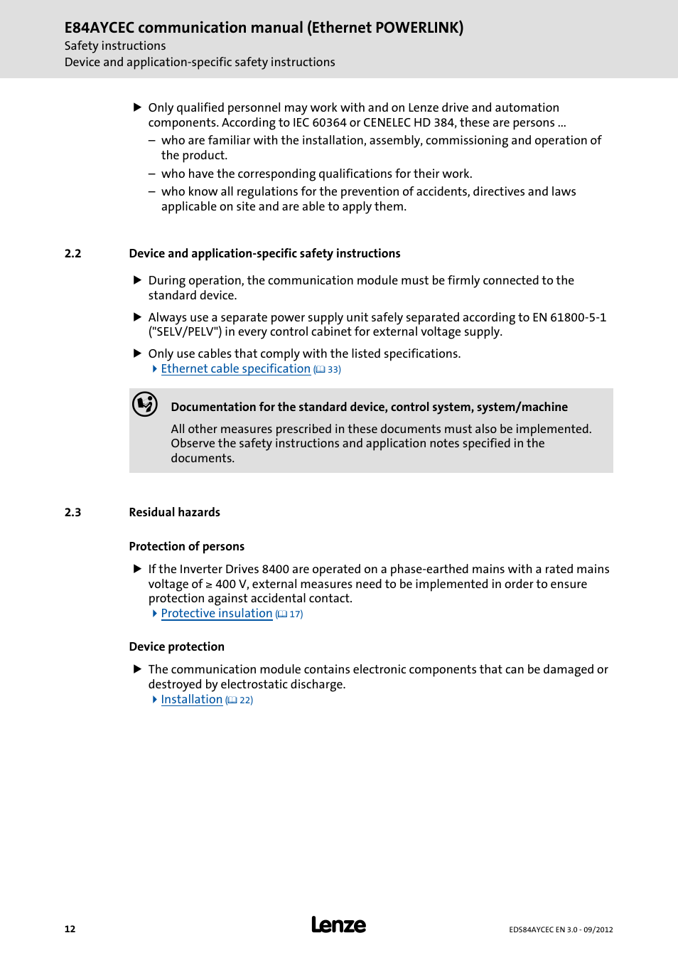 3 residual hazards, Residual hazards, E84aycec communication manual (ethernet powerlink) | Lenze E84AYCEC User Manual | Page 12 / 89