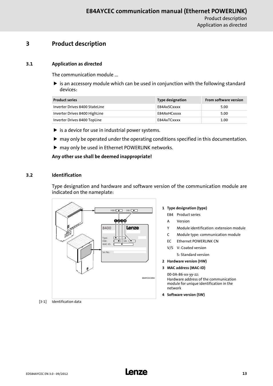 3 product description, 1 application as directed, 2 identification | Product description, Application as directed, Identification, E84aycec communication manual (ethernet powerlink), 3product description | Lenze E84AYCEC User Manual | Page 13 / 89