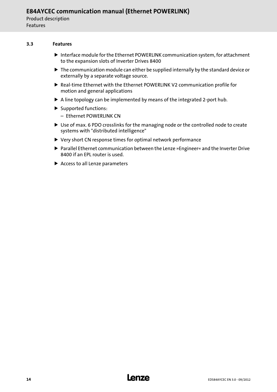 3 features, Features, E84aycec communication manual (ethernet powerlink) | Lenze E84AYCEC User Manual | Page 14 / 89