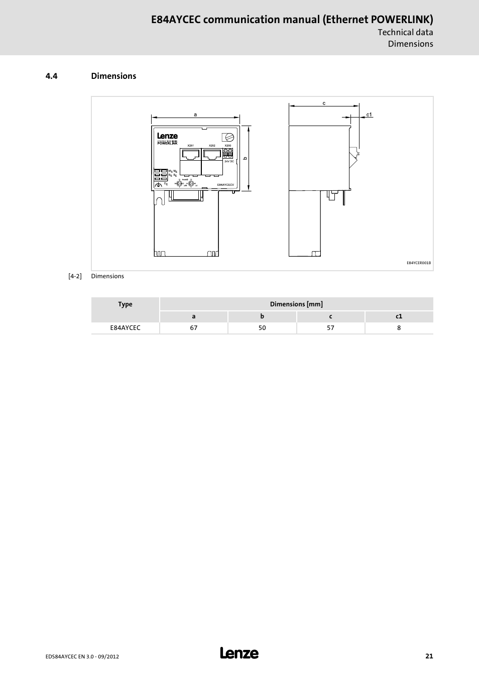 4 dimensions, Dimensions, E84aycec communication manual (ethernet powerlink) | Lenze E84AYCEC User Manual | Page 21 / 89