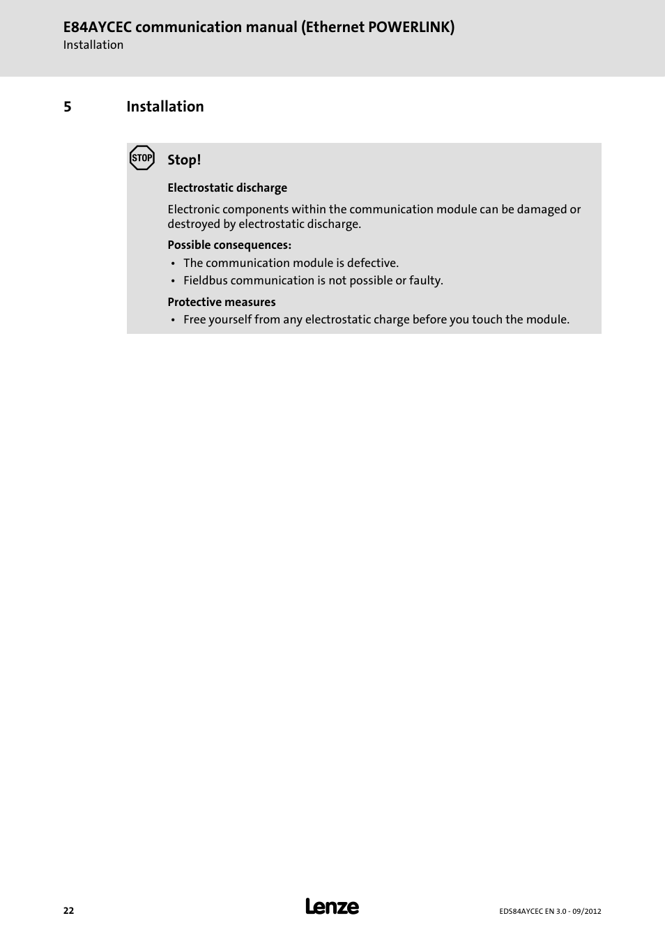 5 installation, Installation | Lenze E84AYCEC User Manual | Page 22 / 89