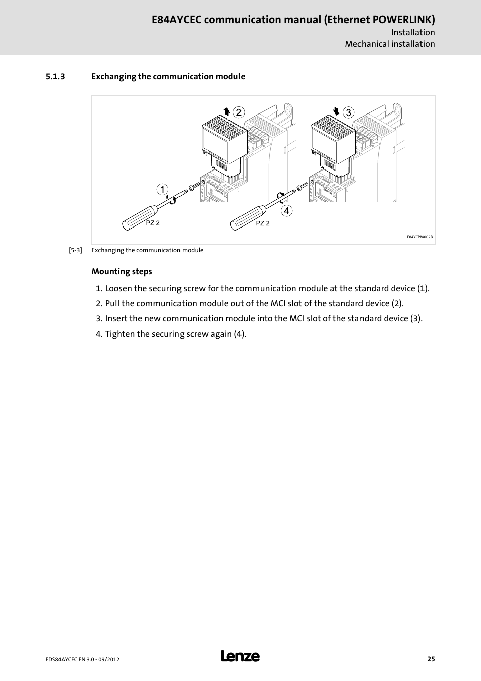 3 exchanging the communication module, Exchanging the communication module, E84aycec communication manual (ethernet powerlink) | Lenze E84AYCEC User Manual | Page 25 / 89