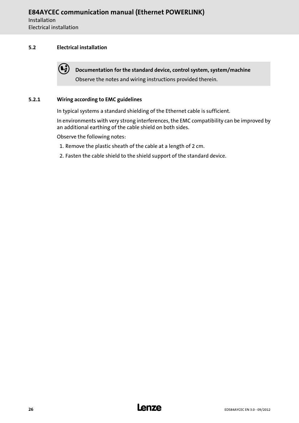 2 electrical installation, 1 wiring according to emc guidelines, Electrical installation | Wiring according to emc guidelines | Lenze E84AYCEC User Manual | Page 26 / 89