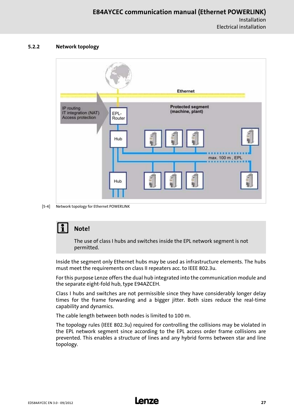 2 network topology, Network topology, E84aycec communication manual (ethernet powerlink) | Lenze E84AYCEC User Manual | Page 27 / 89