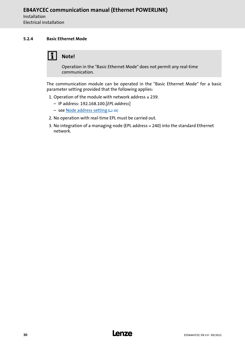 4 basic ethernet mode, Basic ethernet mode, E84aycec communication manual (ethernet powerlink) | Lenze E84AYCEC User Manual | Page 30 / 89