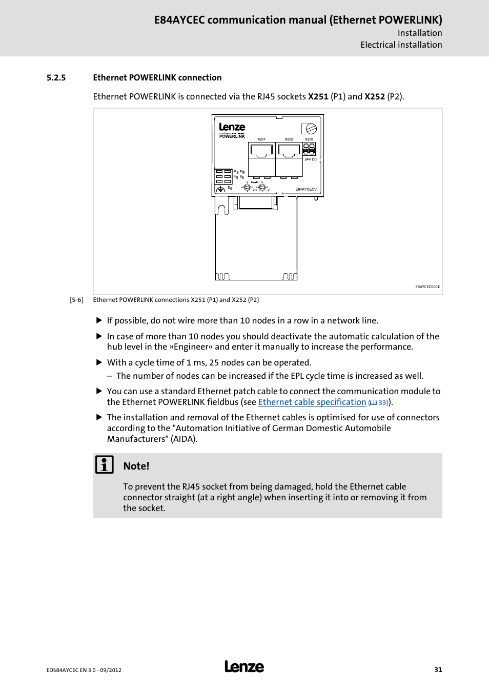 5 ethernet powerlink connection, Ethernet powerlink connection, Ethernet powerlink connection ( 31) | E84aycec communication manual (ethernet powerlink) | Lenze E84AYCEC User Manual | Page 31 / 89