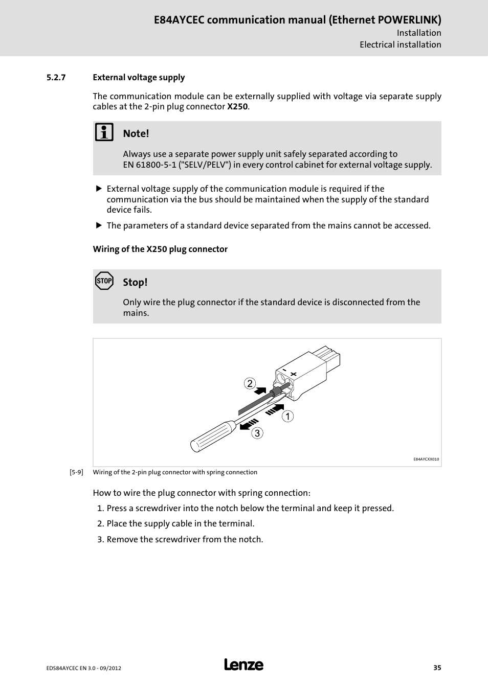 7 external voltage supply, External voltage supply, External voltage supply ( 35) | E84aycec communication manual (ethernet powerlink) | Lenze E84AYCEC User Manual | Page 35 / 89