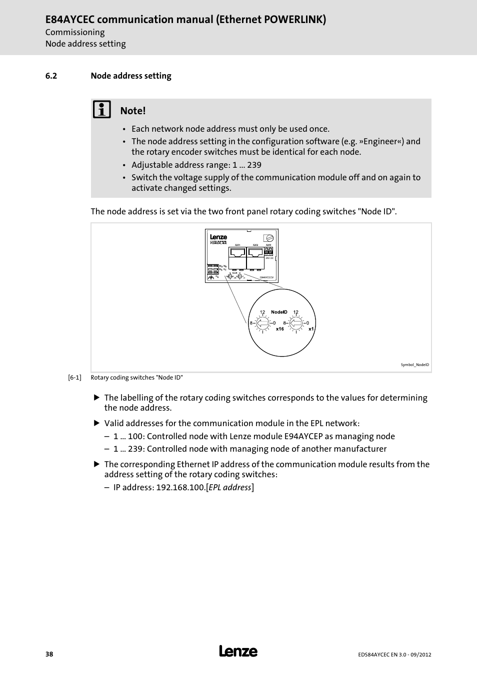 2 node address setting, Node address setting, Node address setting ( 38) | E84aycec communication manual (ethernet powerlink) | Lenze E84AYCEC User Manual | Page 38 / 89
