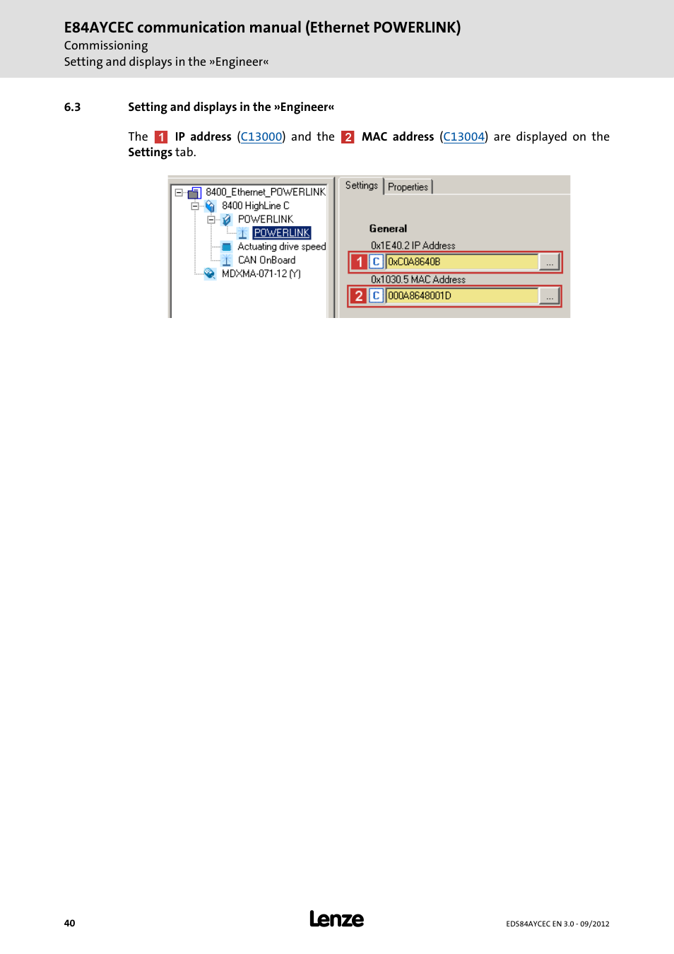 3 setting and displays in the »engineer, Setting and displays in the »engineer, E84aycec communication manual (ethernet powerlink) | Lenze E84AYCEC User Manual | Page 40 / 89