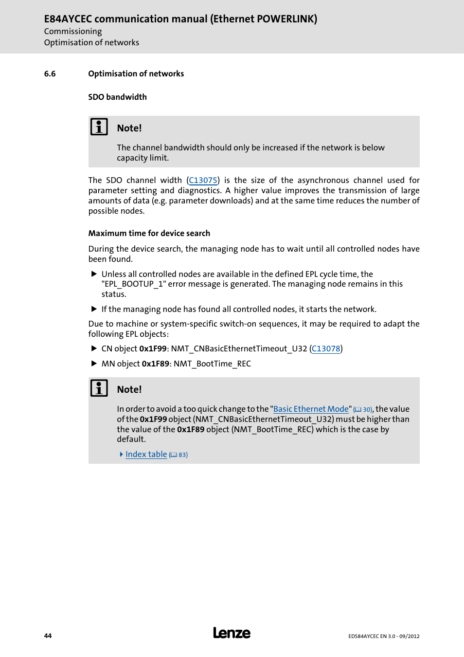 6 optimisation of networks, Optimisation of networks, E84aycec communication manual (ethernet powerlink) | Lenze E84AYCEC User Manual | Page 44 / 89