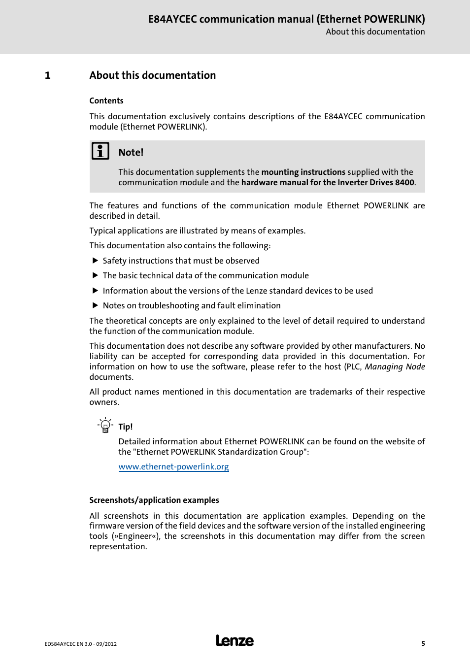 1 about this documentation, About this documentation | Lenze E84AYCEC User Manual | Page 5 / 89