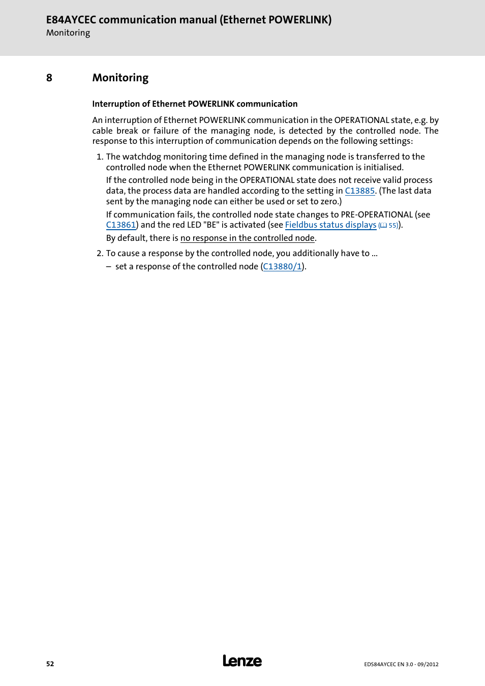 8 monitoring, Monitoring, E84aycec communication manual (ethernet powerlink) | 8monitoring | Lenze E84AYCEC User Manual | Page 52 / 89