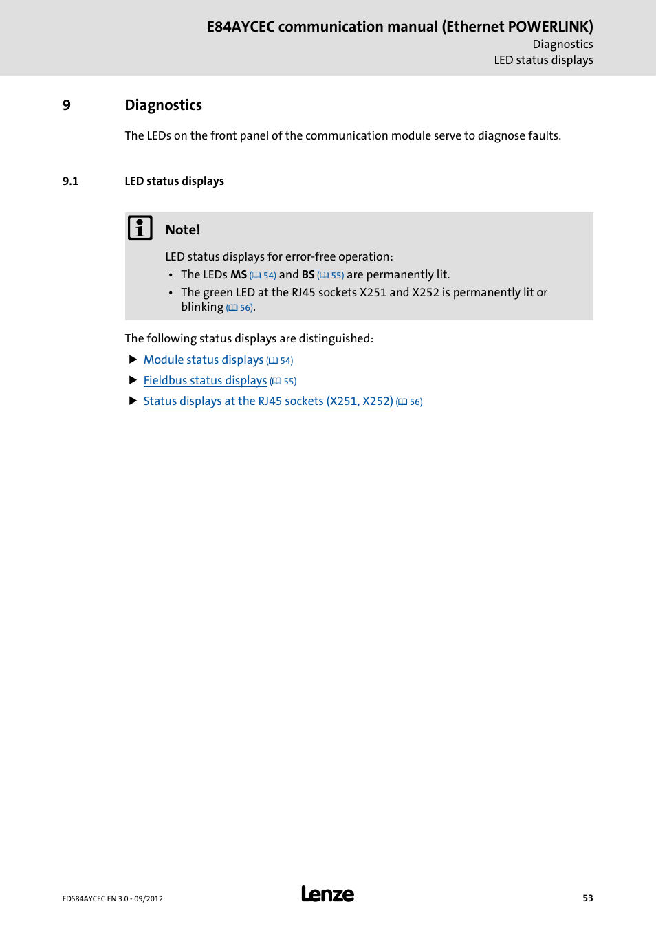 9 diagnostics, 1 led status displays, Diagnostics | Led status displays, E84aycec communication manual (ethernet powerlink), 9diagnostics | Lenze E84AYCEC User Manual | Page 53 / 89