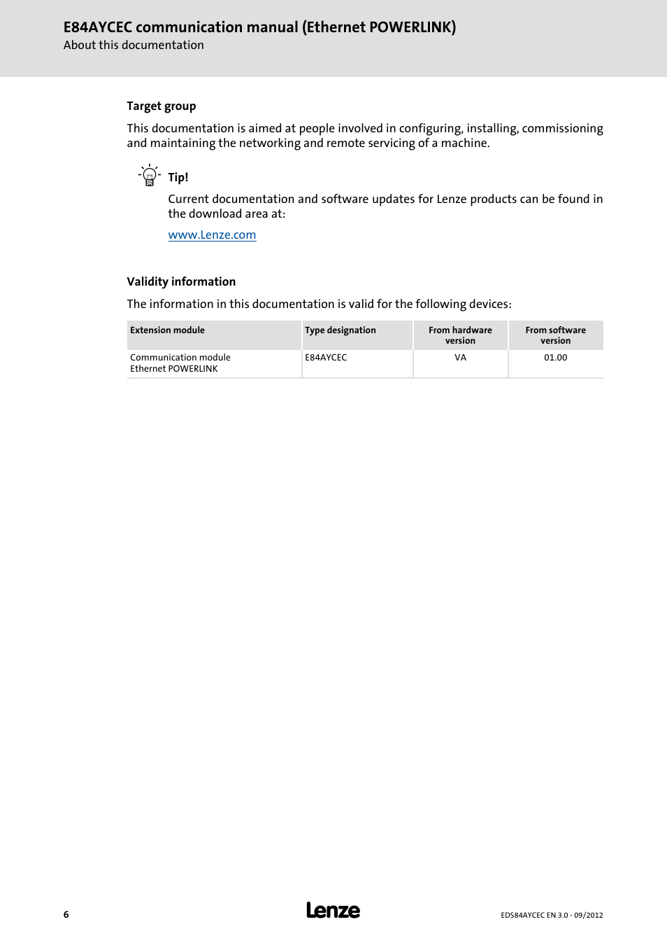 E84aycec communication manual (ethernet powerlink) | Lenze E84AYCEC User Manual | Page 6 / 89