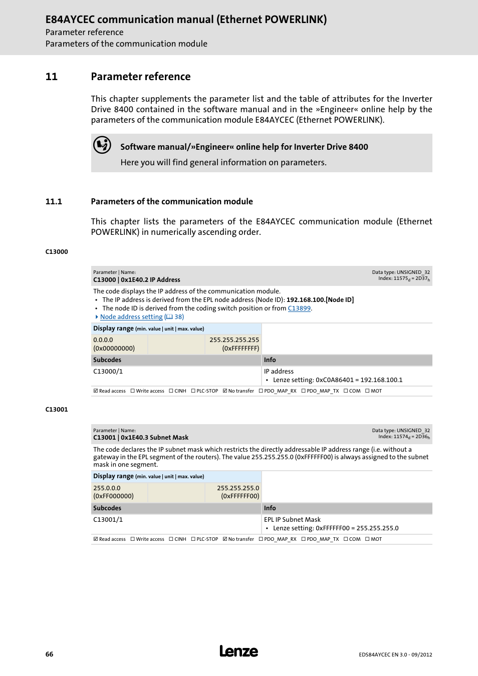 11 parameter reference, 1 parameters of the communication module, C13000 | 0x1e40.2 ip address | C13001 | 0x1e40.3 subnet mask, Parameter reference, Parameters of the communication module, C13000, E84aycec communication manual (ethernet powerlink) | Lenze E84AYCEC User Manual | Page 66 / 89