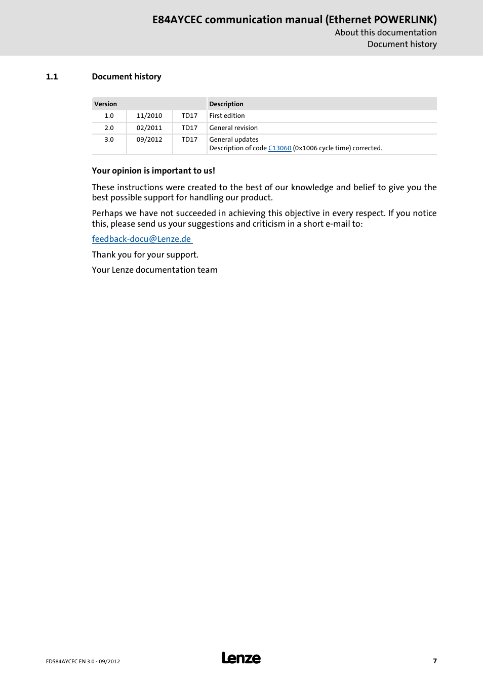 1 document history, Document history, E84aycec communication manual (ethernet powerlink) | Lenze E84AYCEC User Manual | Page 7 / 89
