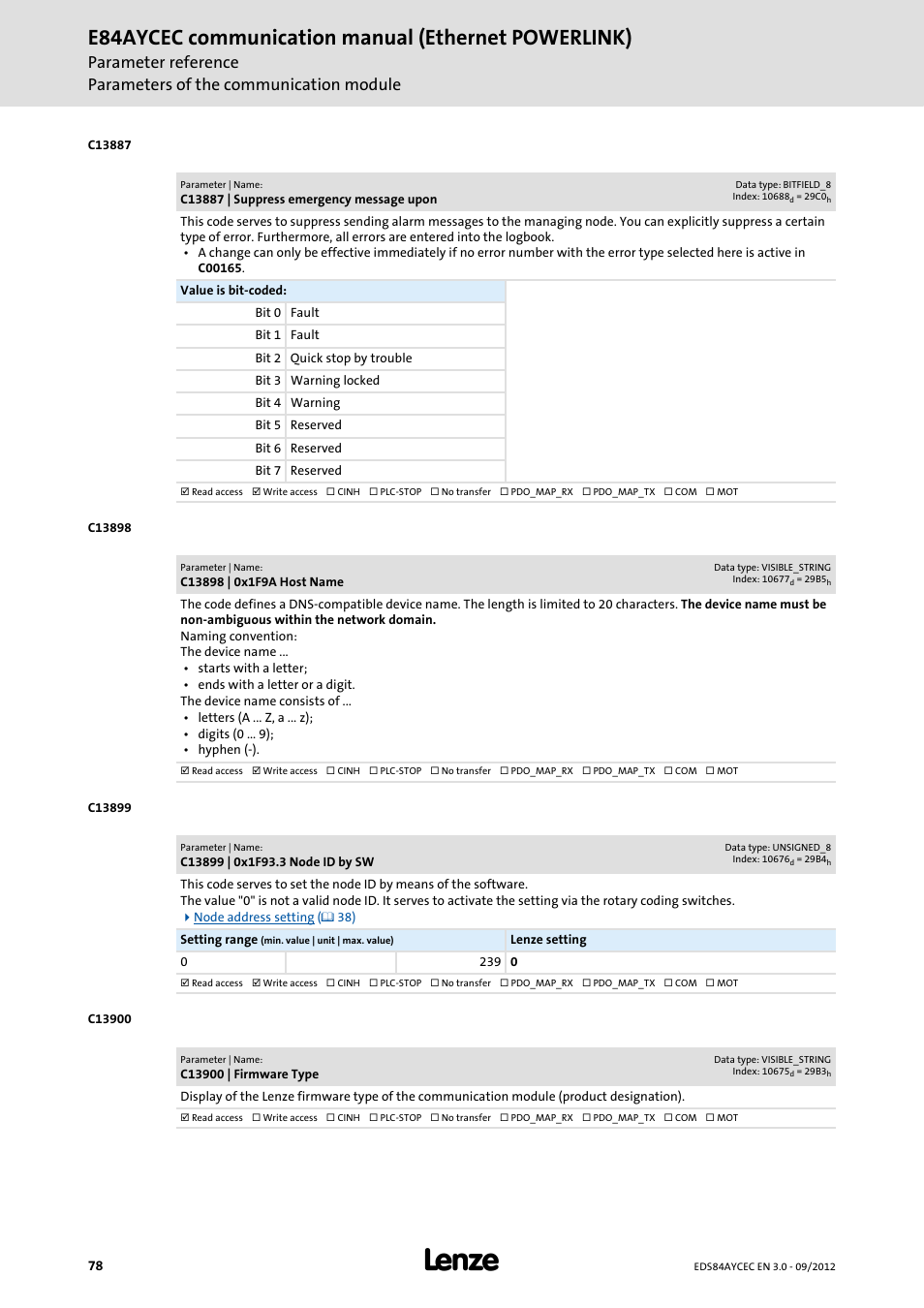 C13887 | suppress emergency message upon, C13898 | 0x1f9a host name, C13899 | 0x1f93.3 node id by sw | C13900 | firmware type, C13899, E84aycec communication manual (ethernet powerlink) | Lenze E84AYCEC User Manual | Page 78 / 89