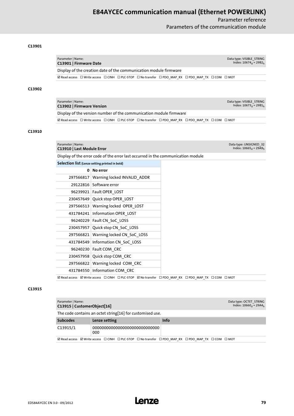 C13901 | firmware date, C13902 | firmware version, C13910 | last module error | C13915 | customerobject[16, E84aycec communication manual (ethernet powerlink) | Lenze E84AYCEC User Manual | Page 79 / 89
