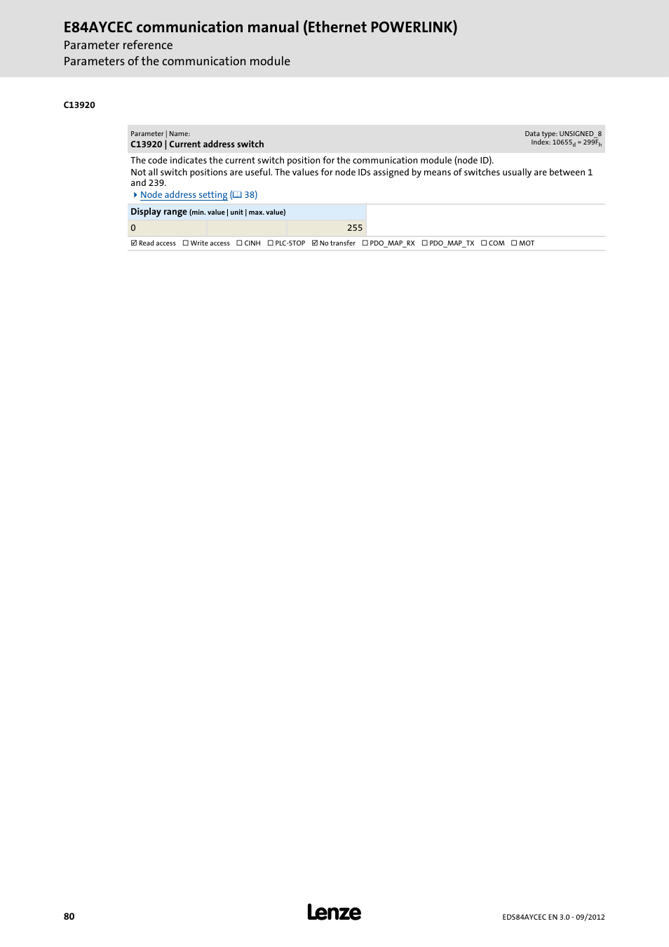 C13920 | current address switch, E84aycec communication manual (ethernet powerlink) | Lenze E84AYCEC User Manual | Page 80 / 89