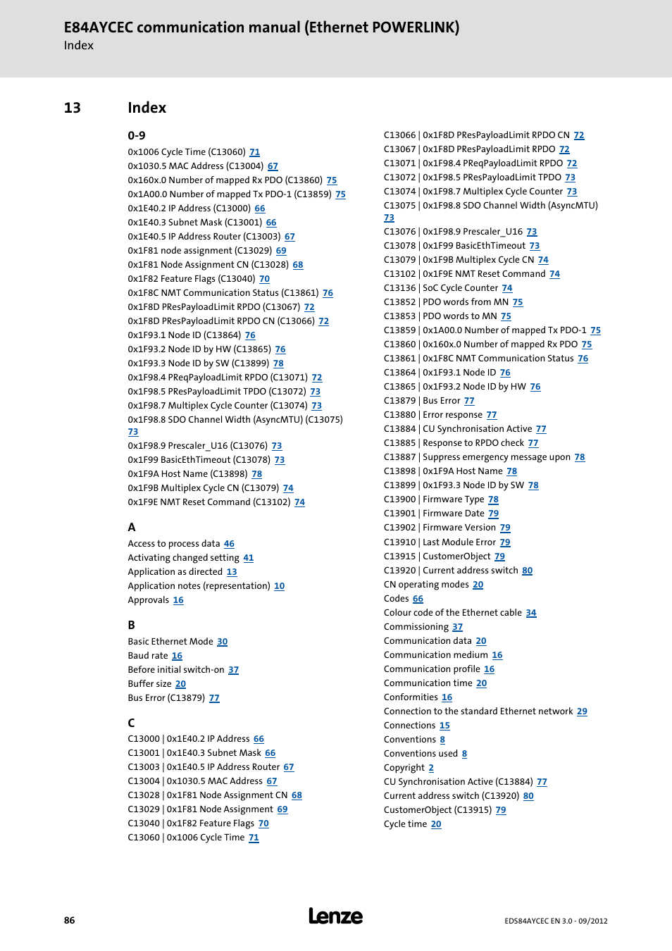 13 index, Index, E84aycec communication manual (ethernet powerlink) | Lenze E84AYCEC User Manual | Page 86 / 89