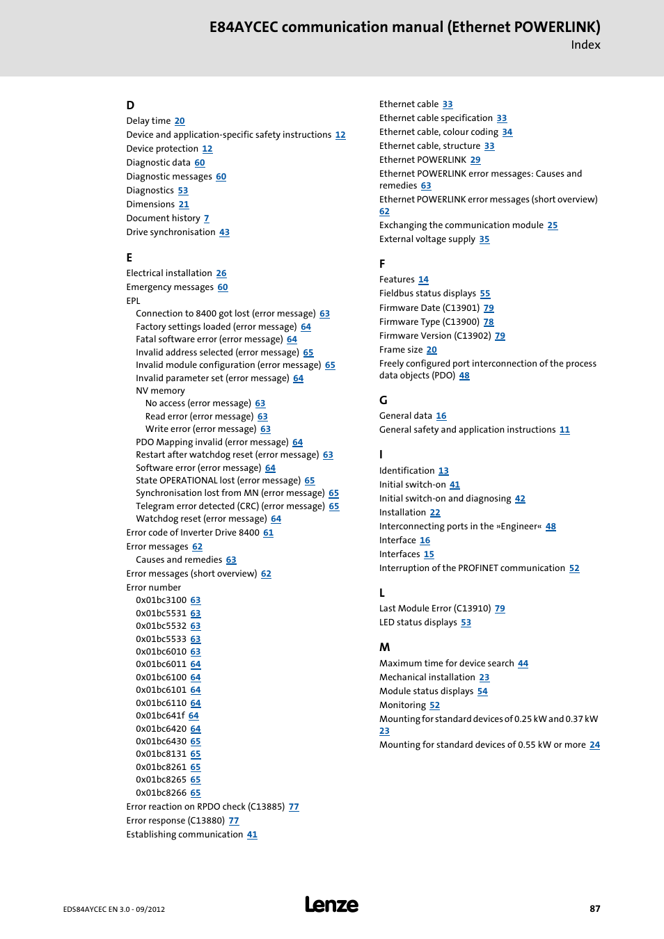 E84aycec communication manual (ethernet powerlink) | Lenze E84AYCEC User Manual | Page 87 / 89