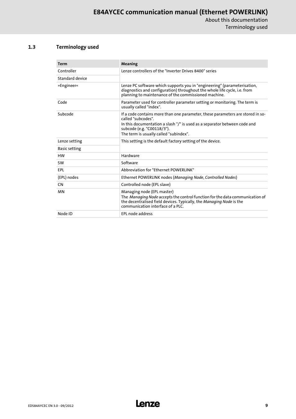 3 terminology used, Terminology used, E84aycec communication manual (ethernet powerlink) | Lenze E84AYCEC User Manual | Page 9 / 89