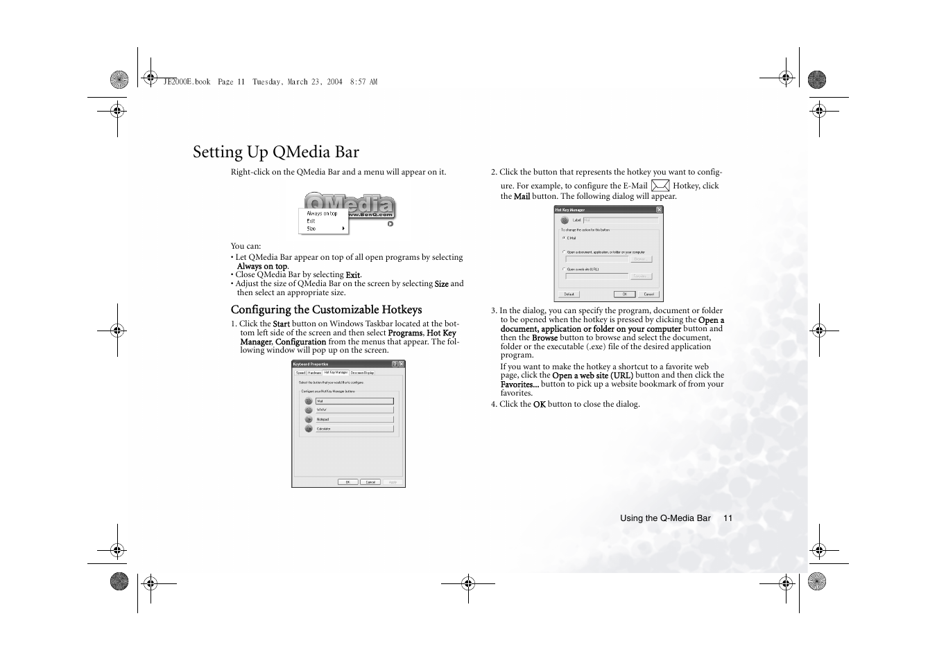 Setting up qmedia bar, Configuring the customizable hotkeys | BenQ Joybook 2000 Series User Manual | Page 15 / 38