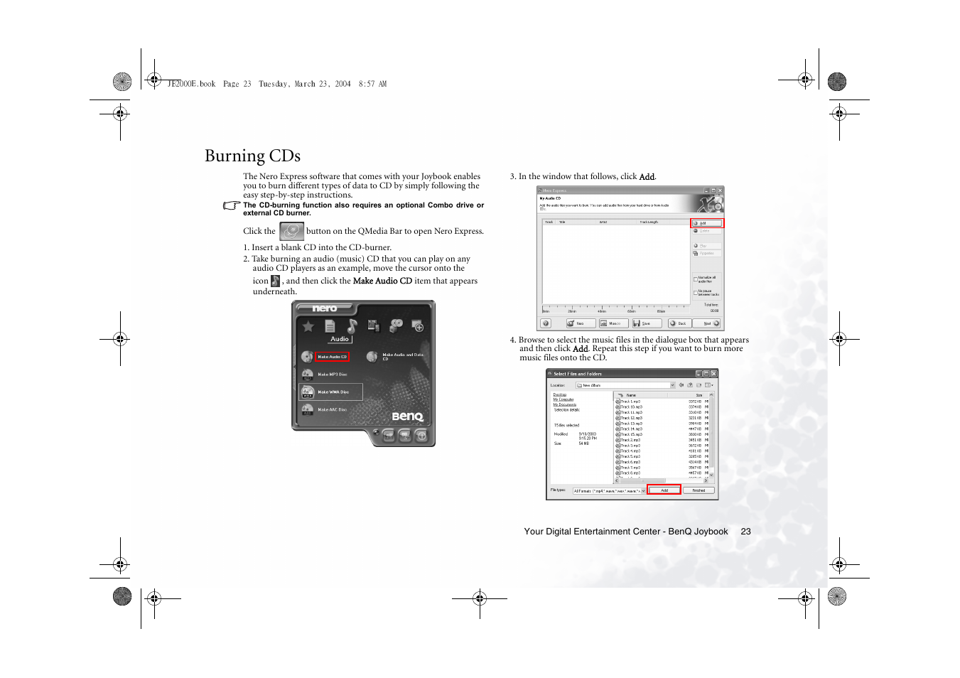 Burning cds | BenQ Joybook 2000 Series User Manual | Page 27 / 38