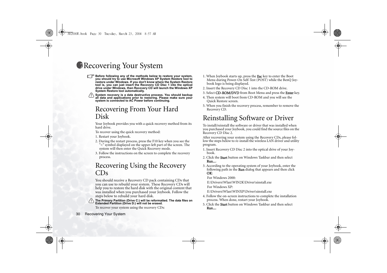 Recovering your system, Recovering from your hard disk, Recovering using the recovery cds | Reinstalling software or driver | BenQ Joybook 2000 Series User Manual | Page 34 / 38