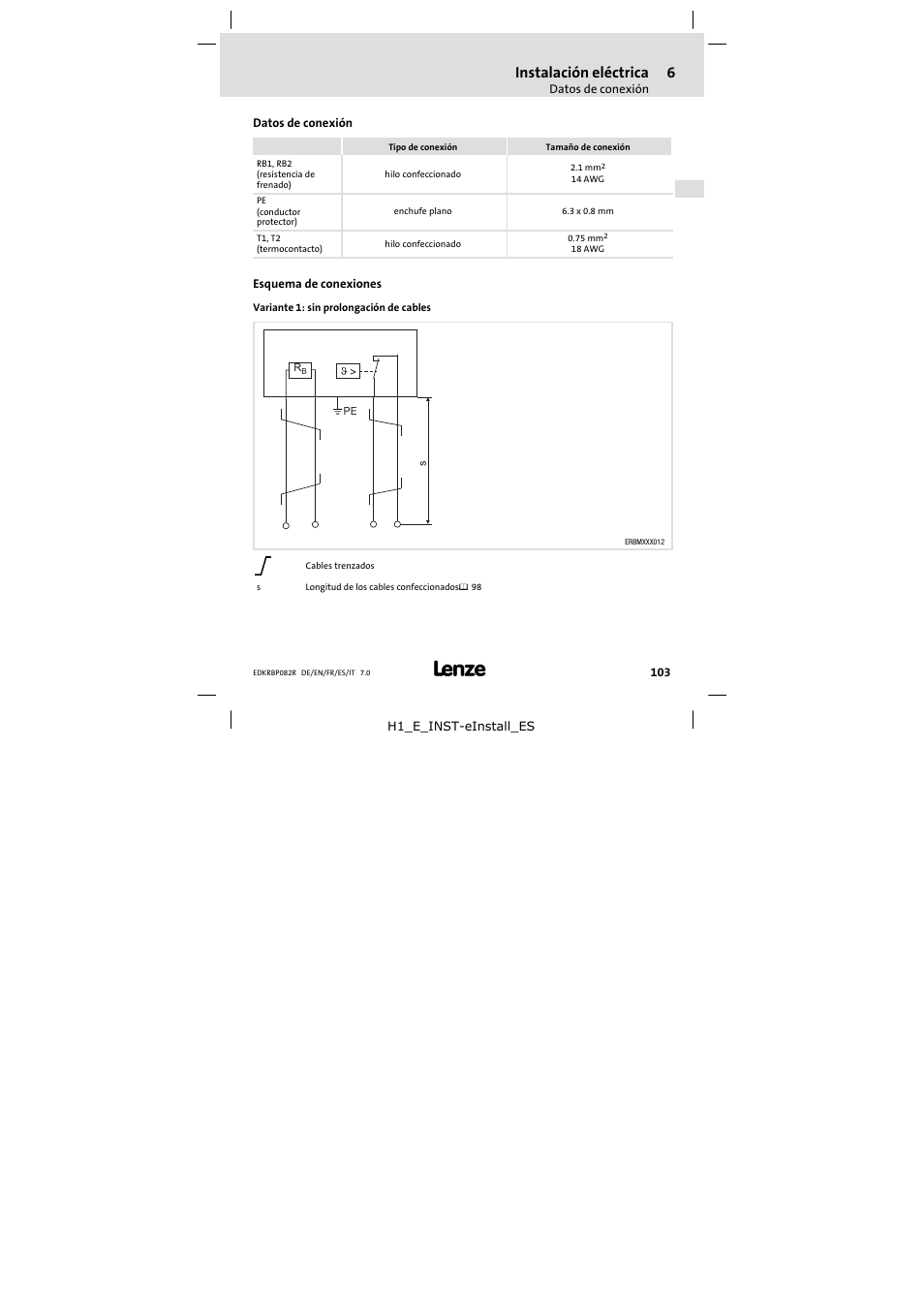 Datos de conexión, Esquema de conexiones, Instalación eléctrica | Lenze ERBPxxxRxxxx Brake resistor 200W-300W User Manual | Page 103 / 134