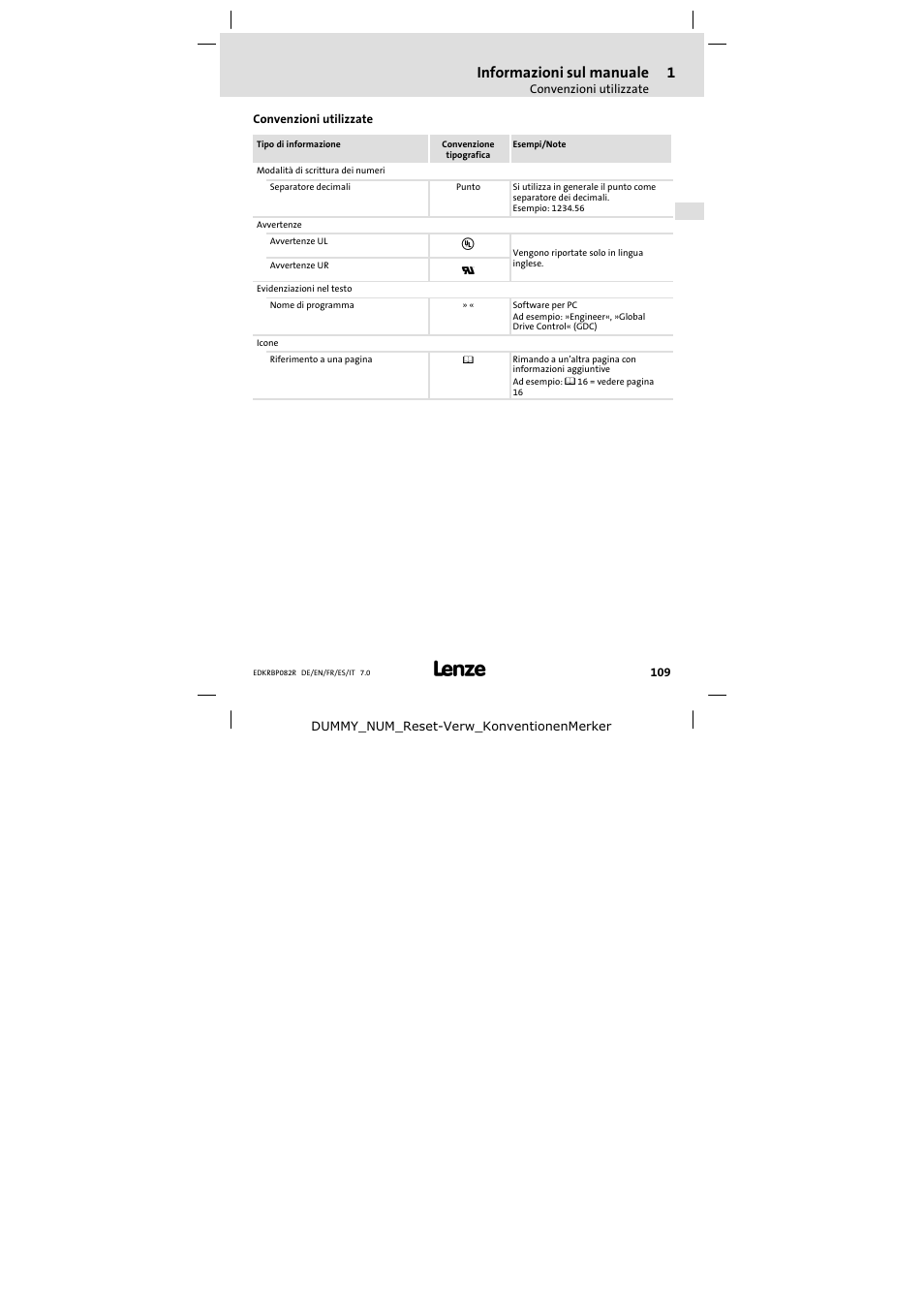 Convenzioni utilizzate, Informazioni sul manuale | Lenze ERBPxxxRxxxx Brake resistor 200W-300W User Manual | Page 109 / 134