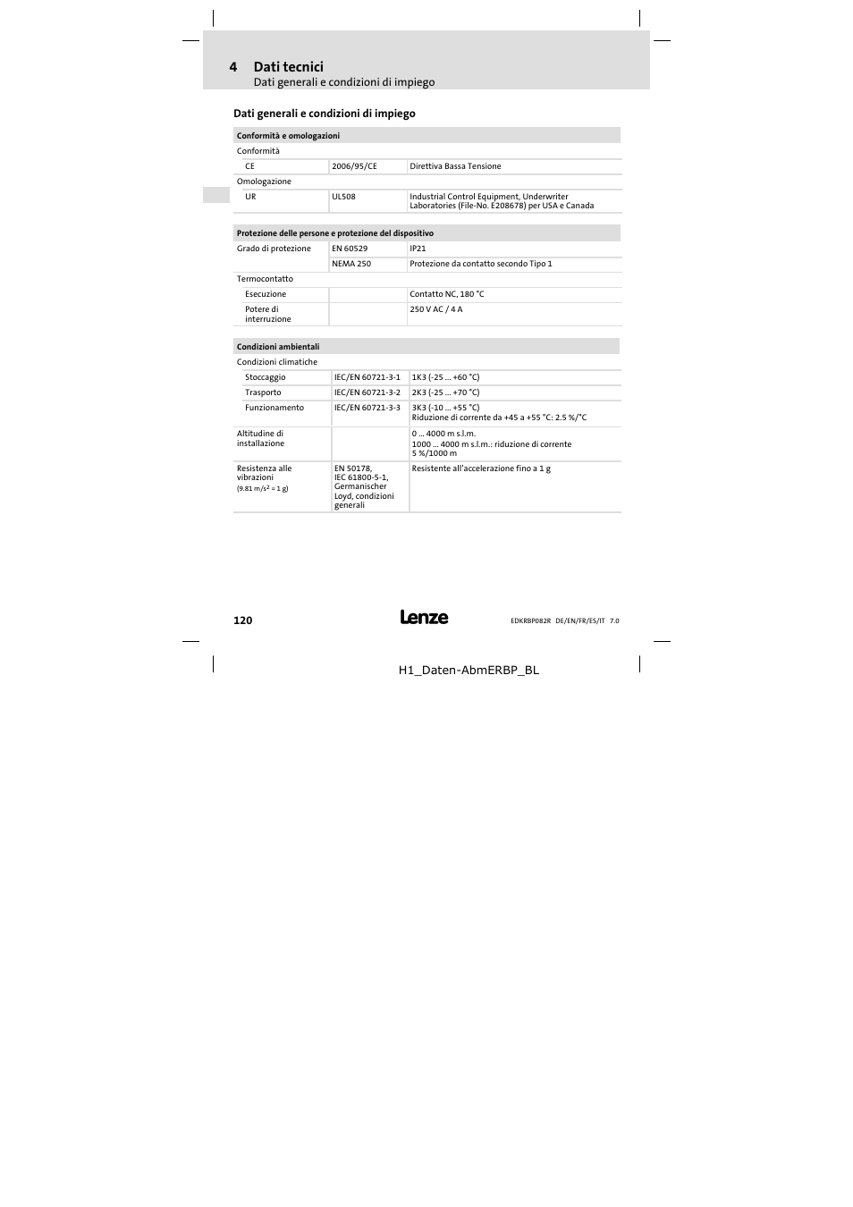 4 dati tecnici, Dati generali e condizioni di impiego, Dati tecnici | 4dati tecnici | Lenze ERBPxxxRxxxx Brake resistor 200W-300W User Manual | Page 120 / 134