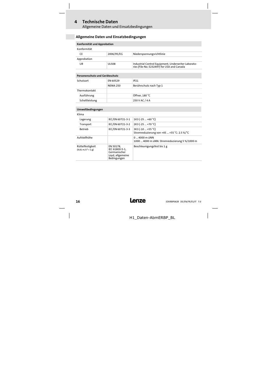 4 technische daten, Allgemeine daten und einsatzbedingungen, Technische daten | 4technische daten | Lenze ERBPxxxRxxxx Brake resistor 200W-300W User Manual | Page 16 / 134