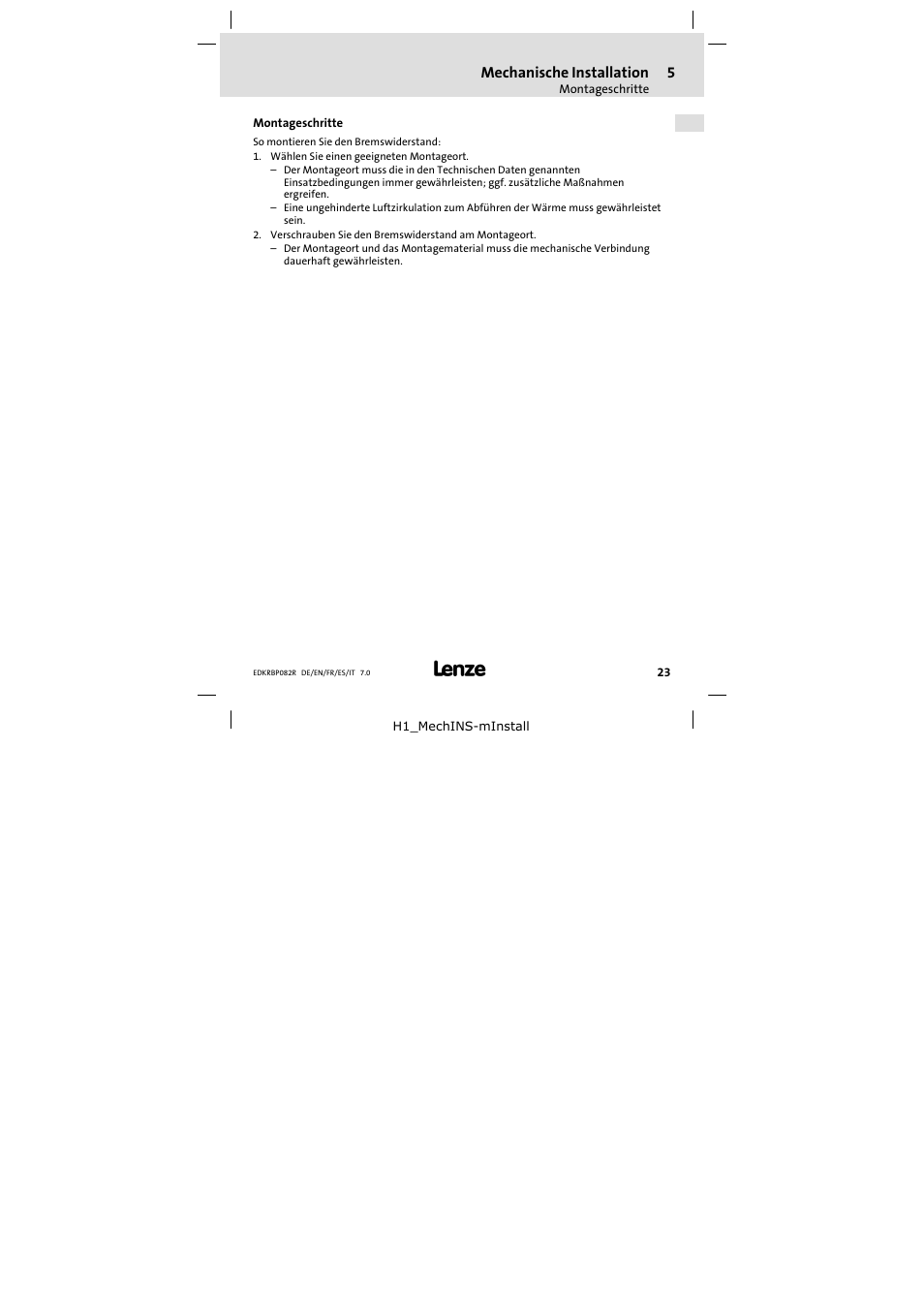 Montageschritte, Mechanische installation | Lenze ERBPxxxRxxxx Brake resistor 200W-300W User Manual | Page 23 / 134