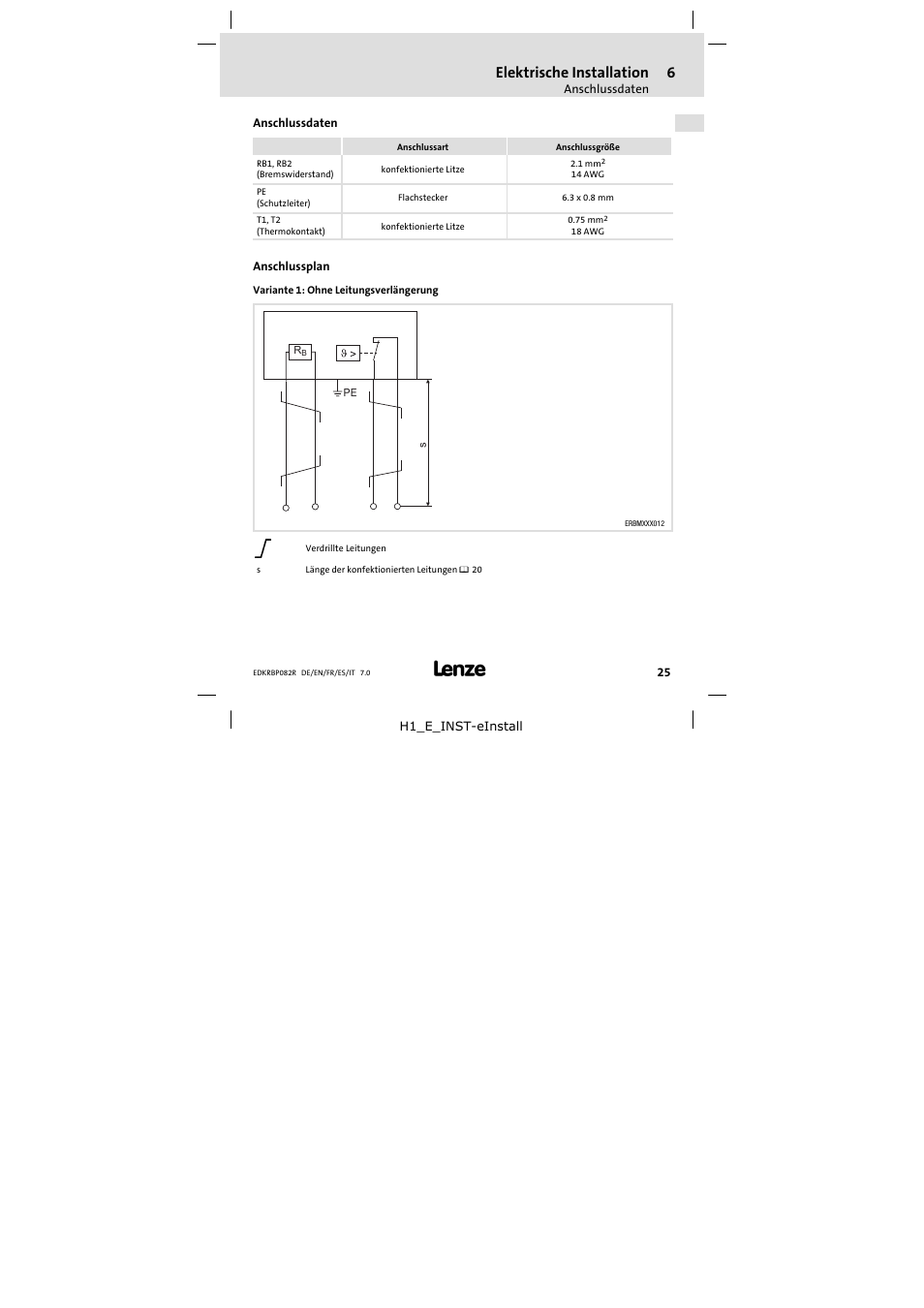 Anschlussdaten, Anschlussplan, Elektrische installation | Lenze ERBPxxxRxxxx Brake resistor 200W-300W User Manual | Page 25 / 134