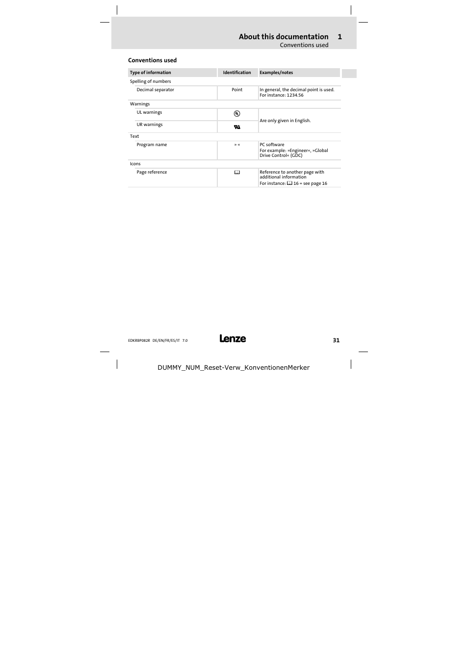 Conventions used, About this documentation | Lenze ERBPxxxRxxxx Brake resistor 200W-300W User Manual | Page 31 / 134