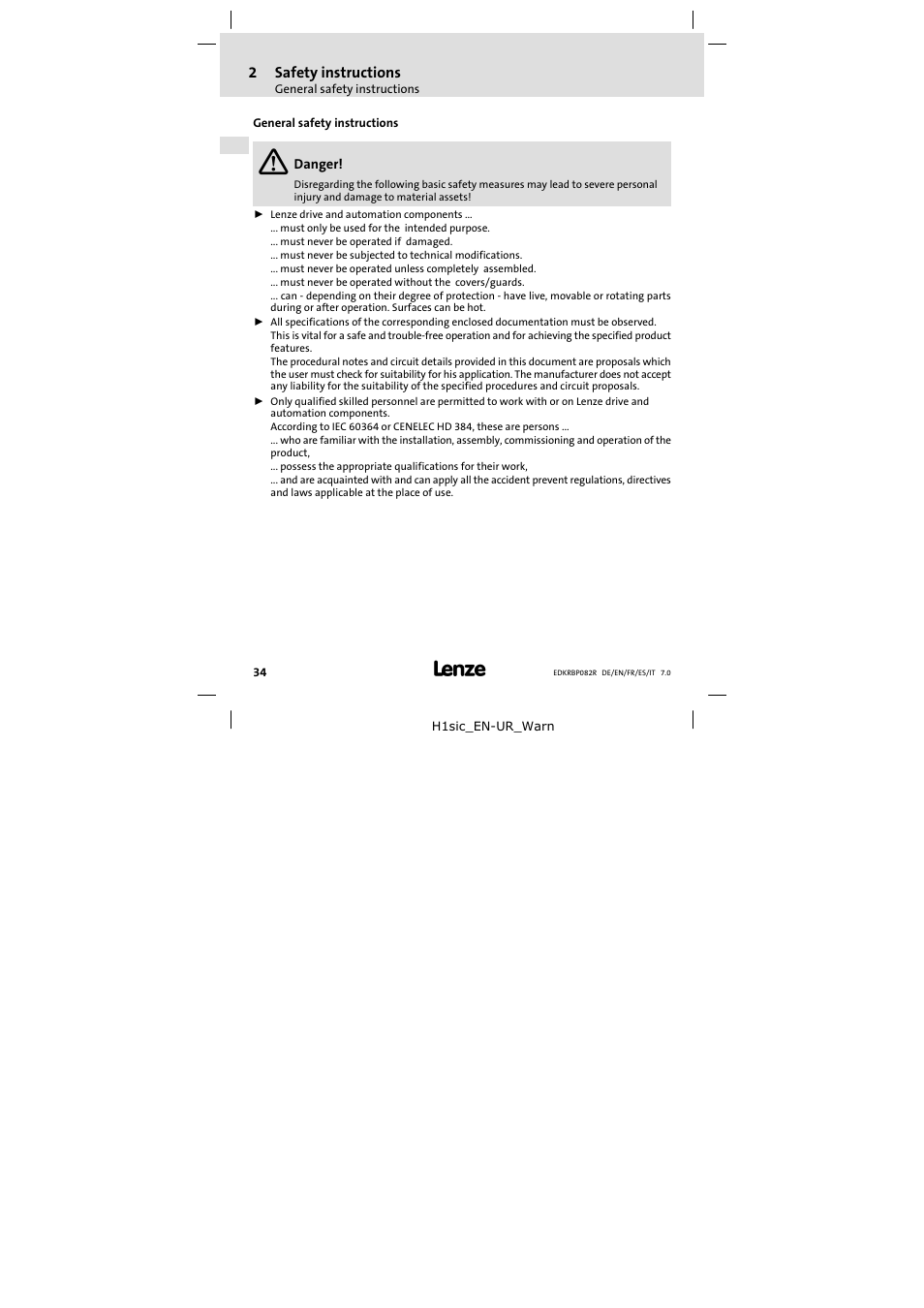 2 safety instructions, General safety instructions, Safety instructions | 2safety instructions | Lenze ERBPxxxRxxxx Brake resistor 200W-300W User Manual | Page 34 / 134