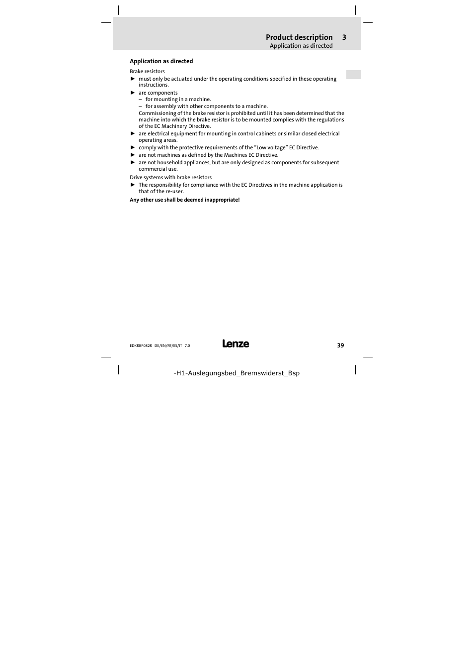 Application as directed, Product description | Lenze ERBPxxxRxxxx Brake resistor 200W-300W User Manual | Page 39 / 134